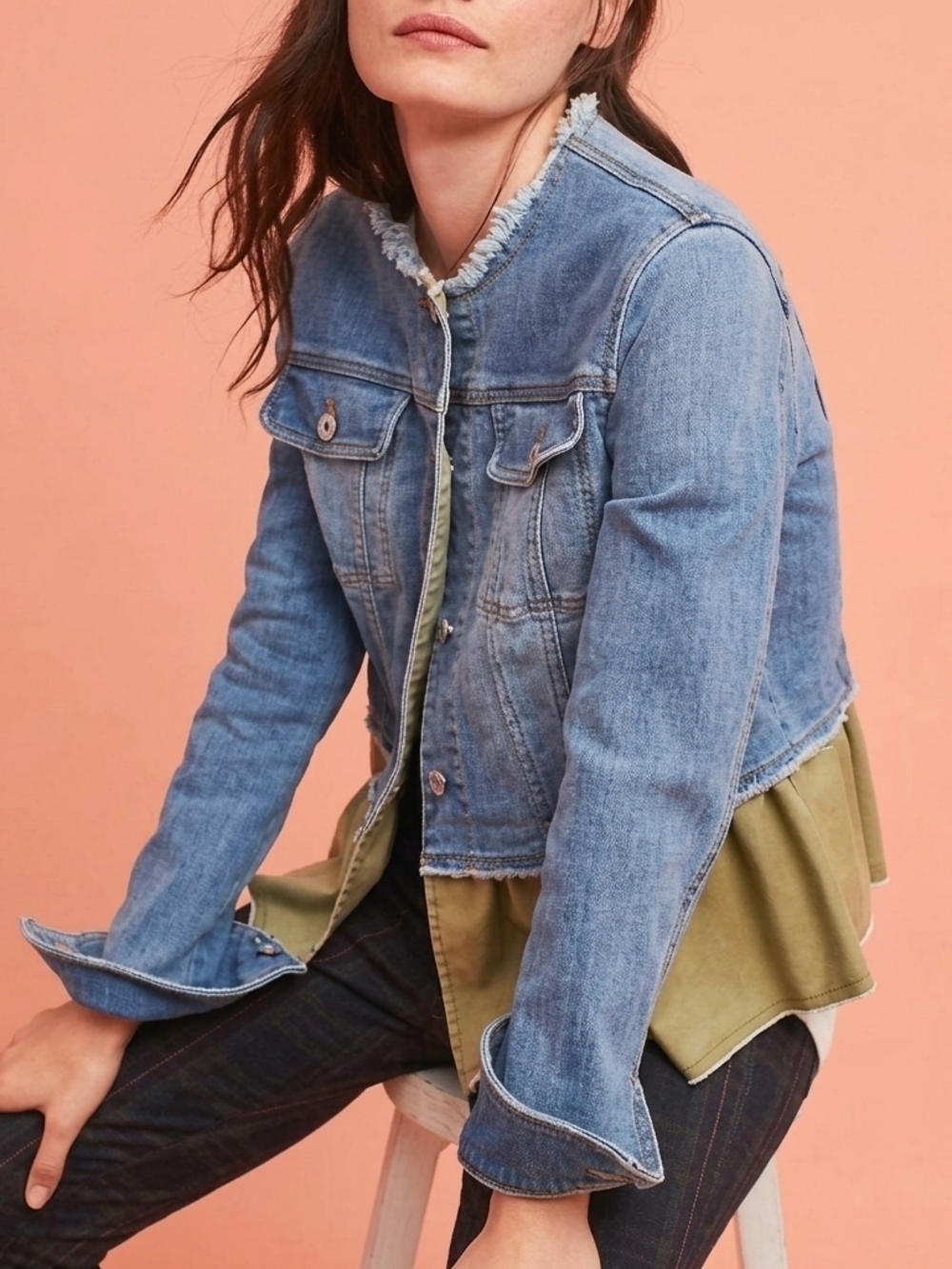 Anthro Pilcro and the Letterpress Blue Denim Peplum Jacket Olive Layer - Small